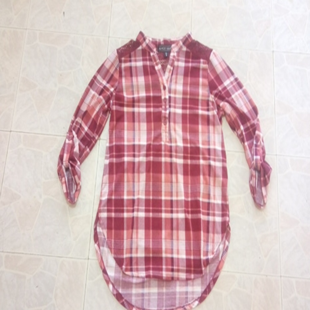 Raspberry plaid shirt with lace